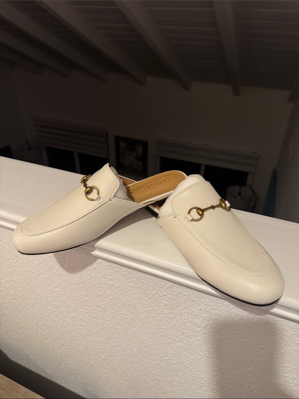 White Leather Backless Mules with Gold Bit Accent